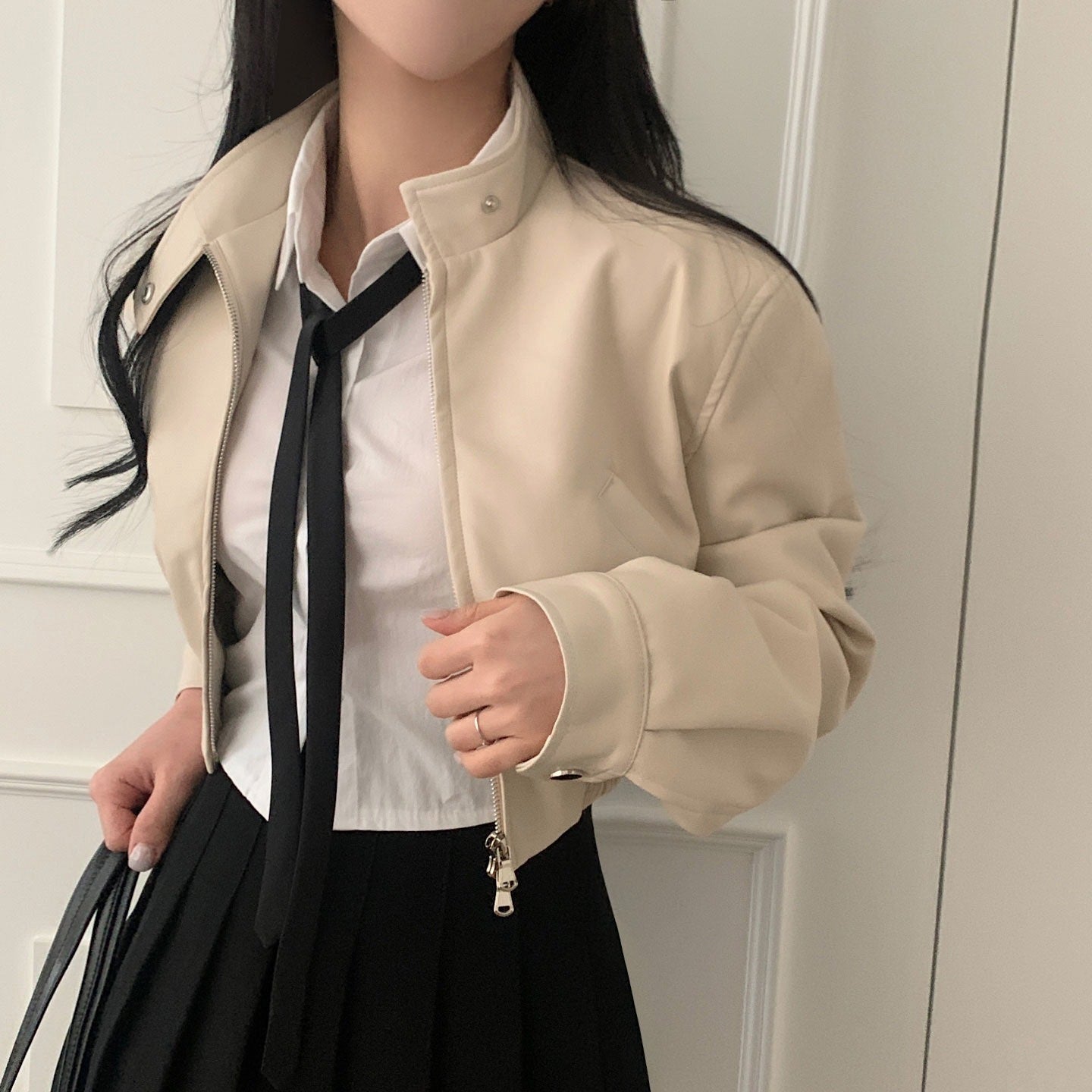 Blouson de moto en cuir pour femme, style rétro français, noir, col montant zippé, taille élastique, taille unique