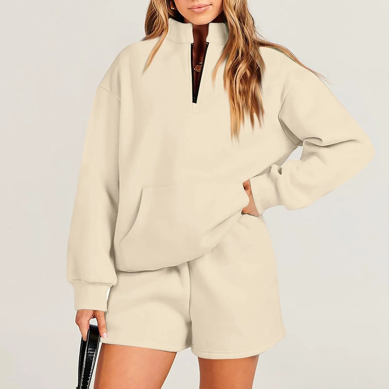 Women's Solid Color Stand Collar Half Zip Pullover & Shorts Set