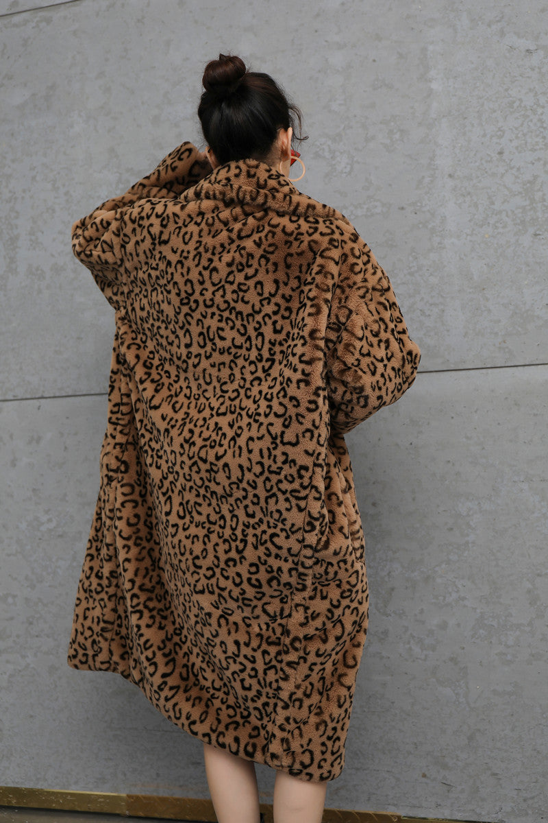 Leopard Print Oversized Fur Coat with Suit Collar in Brown & Gray