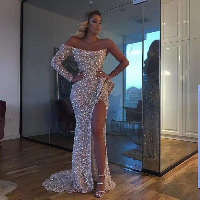 Robe longue à sequins, épaules dénudées, pour femme, en blanc et or champagne