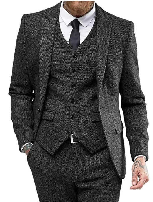 Men's Three-Piece Suit with Viscose Blend & Flat Collar