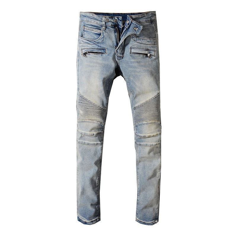 Jean de motard Coupe droite Taille mi-haute Effets d'abrasion et de vieillissement