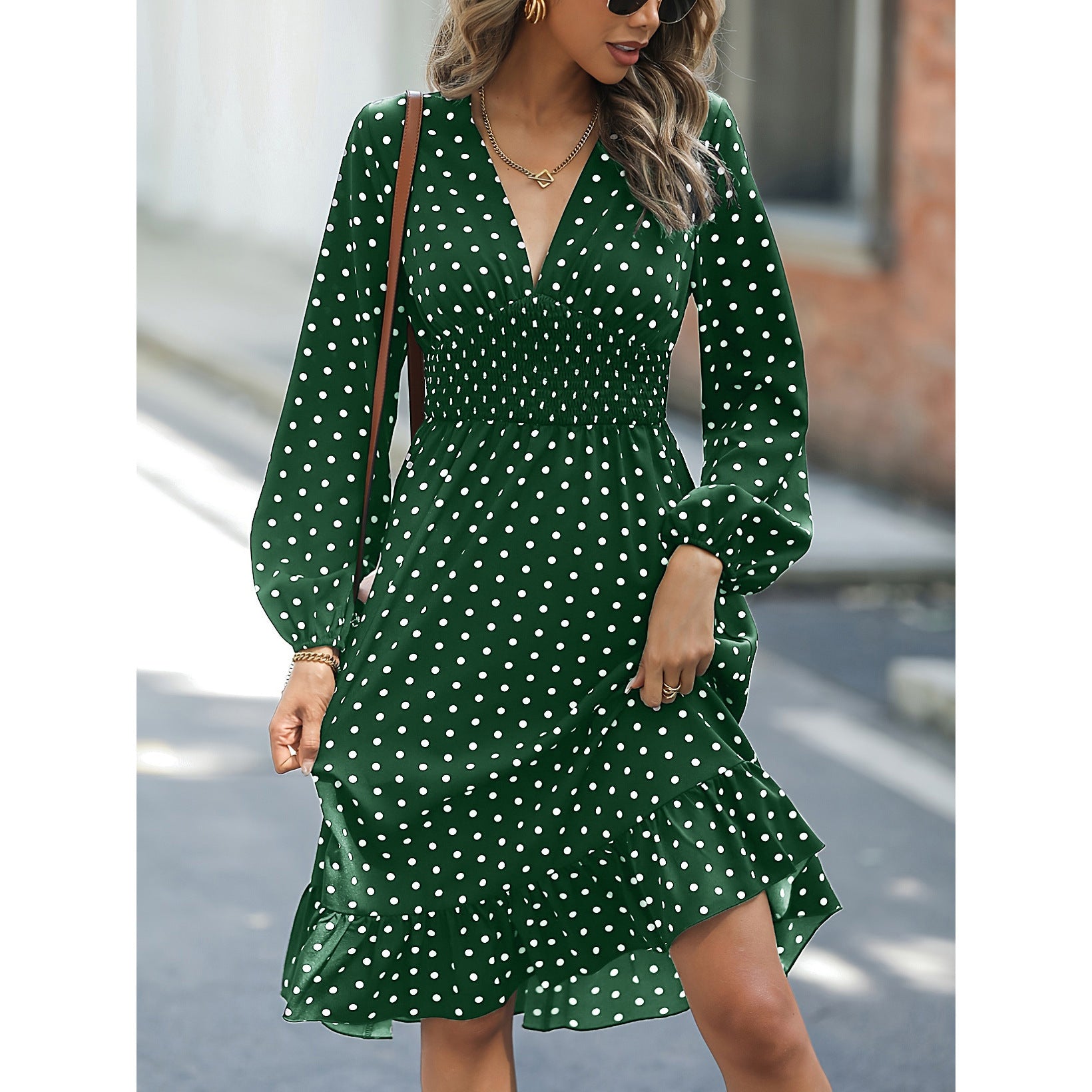 European & American Waist Slimming Polka Dot Long Sleeve Dress