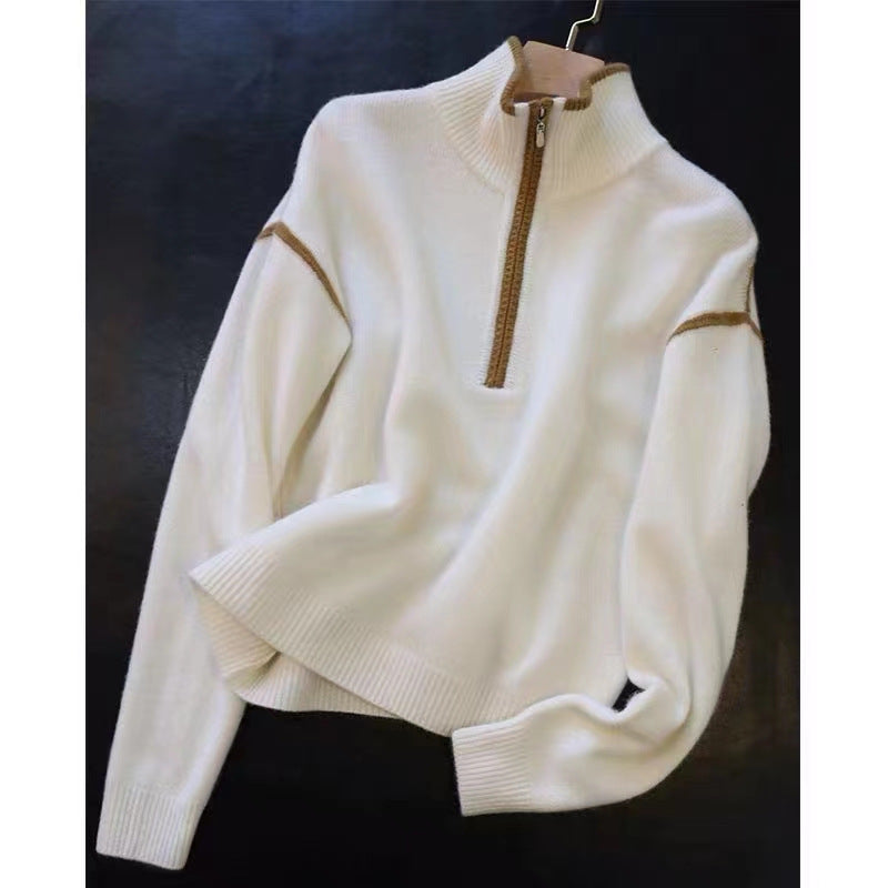 Pull-over col montant zippé ample pour femme à rayures multicolores