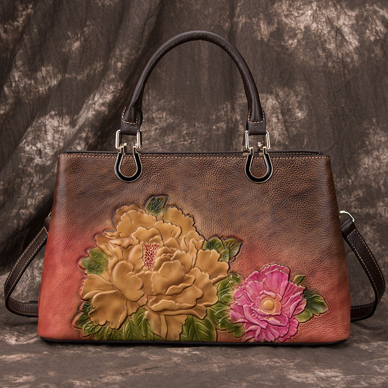 Peony Embossed Cowhide Leather Bag for Ladies Large Capacity