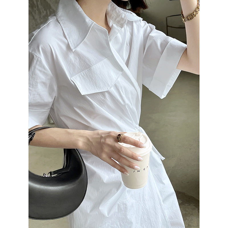 Women's Irregular Tie Side Slit Short Sleeve Lapel Cotton Shirt Dress