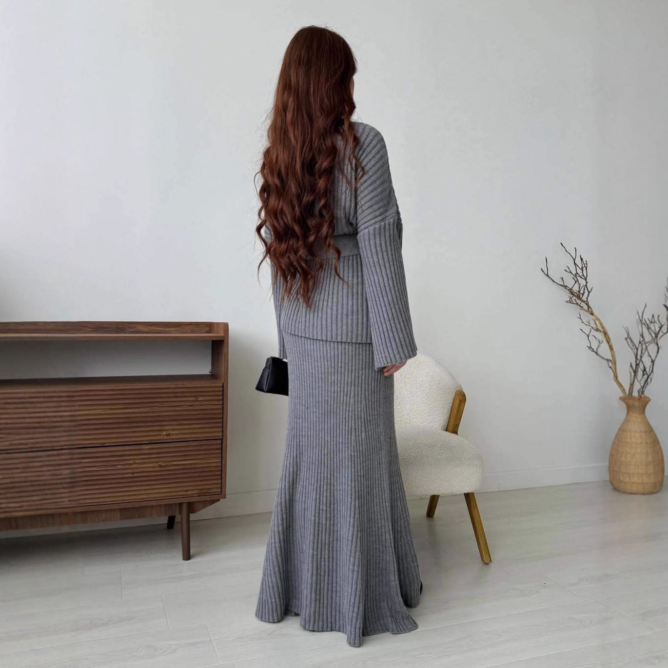 V-Neck Ribbed Sweater Knit Wrap Dress with Straight Skirt & Bow Tie