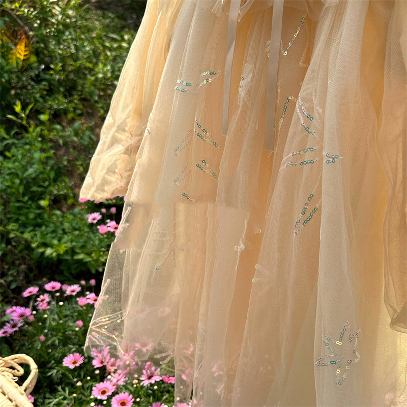 Girls Champagne Mesh Lantern Sleeve Casual Princess Dress