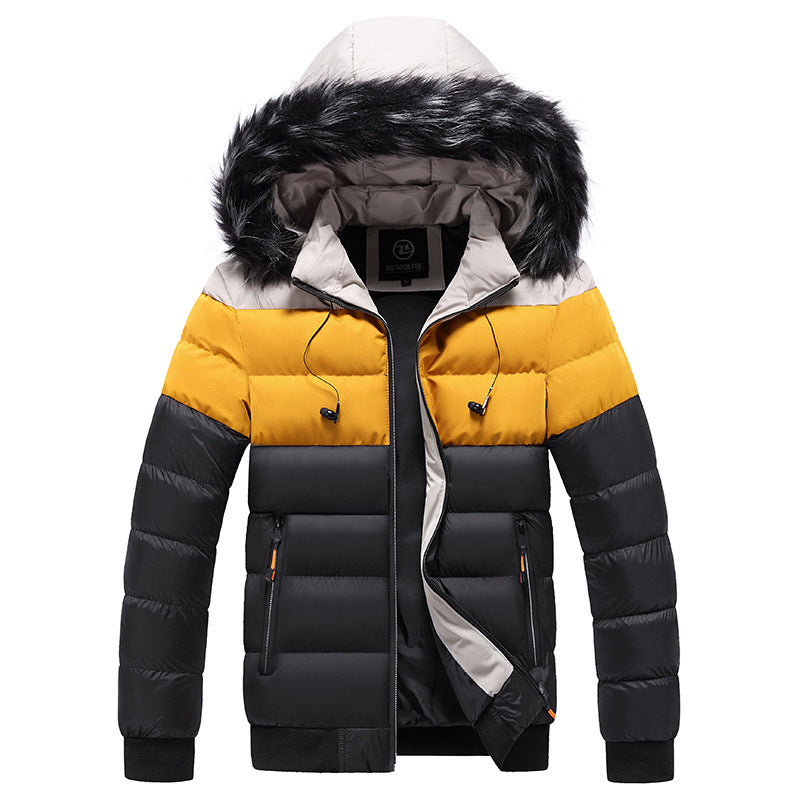 Splicing Hooded Thickened Cotton Down Jacket with Zipper