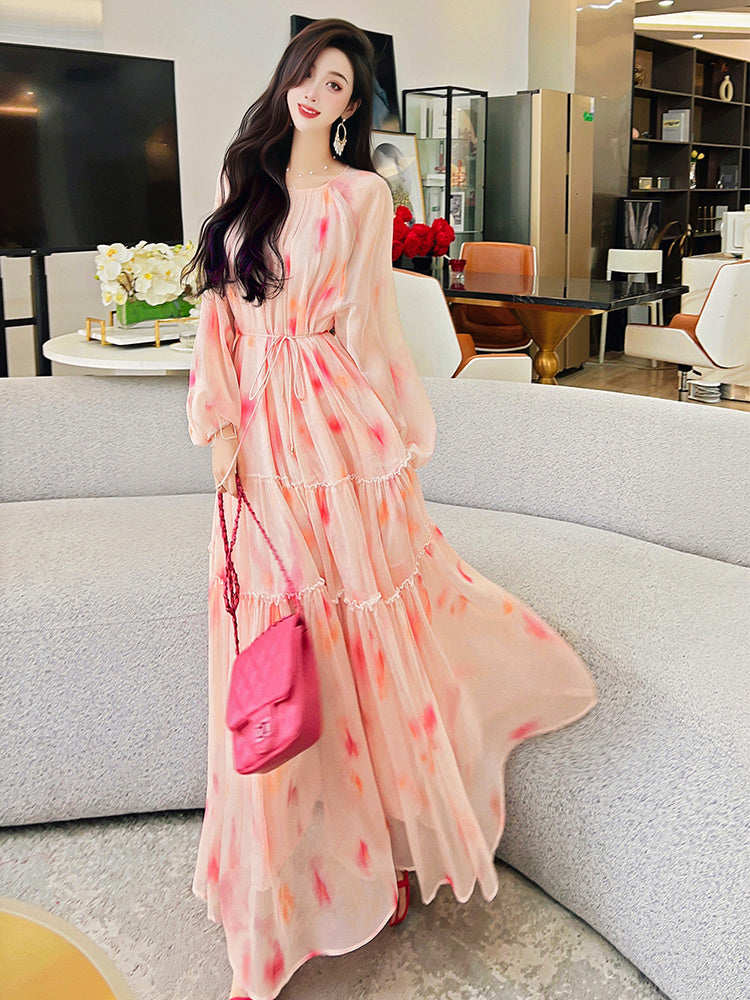 Women's Floral Chiffon Dress with Round Neck, One Size