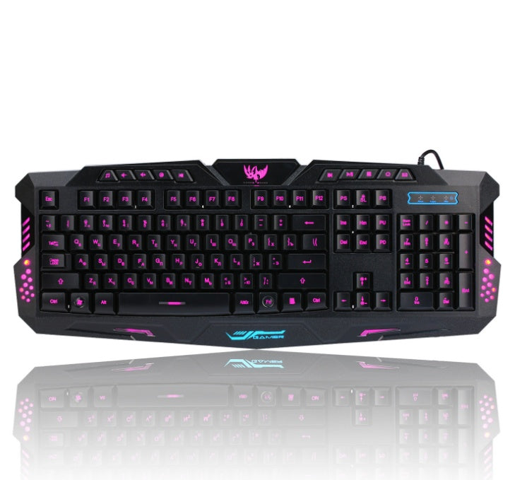 Clavier de jeu filaire rétroéclairé tricolore et souris lumineuse disposition russe USB