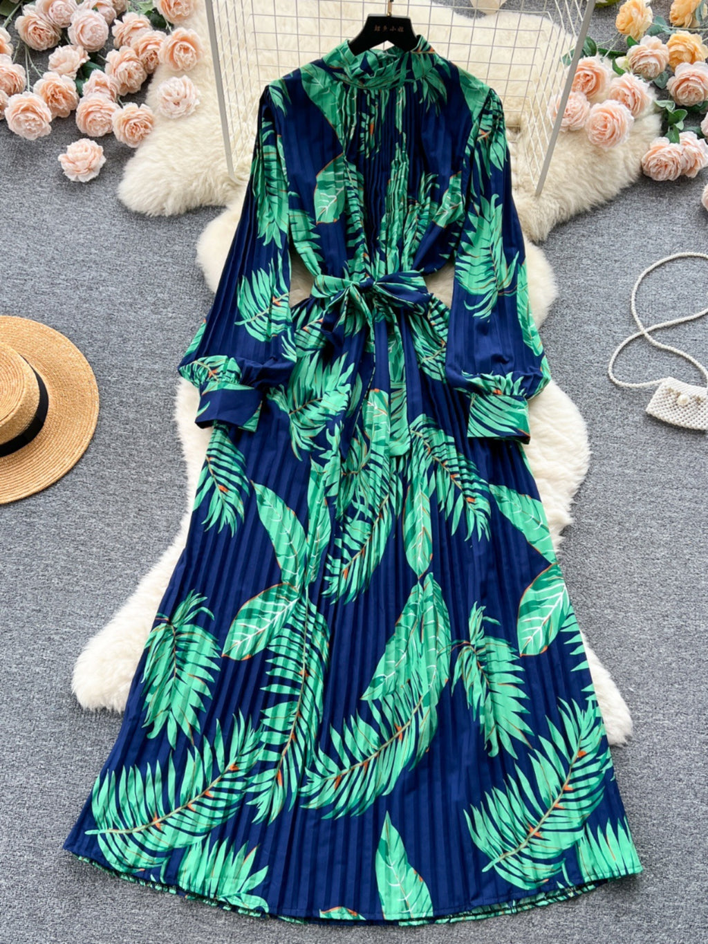 Stand Collar Long Sleeve Printed Chiffon Dress with Lace-Up Cinched Waist and Pleated Skirt