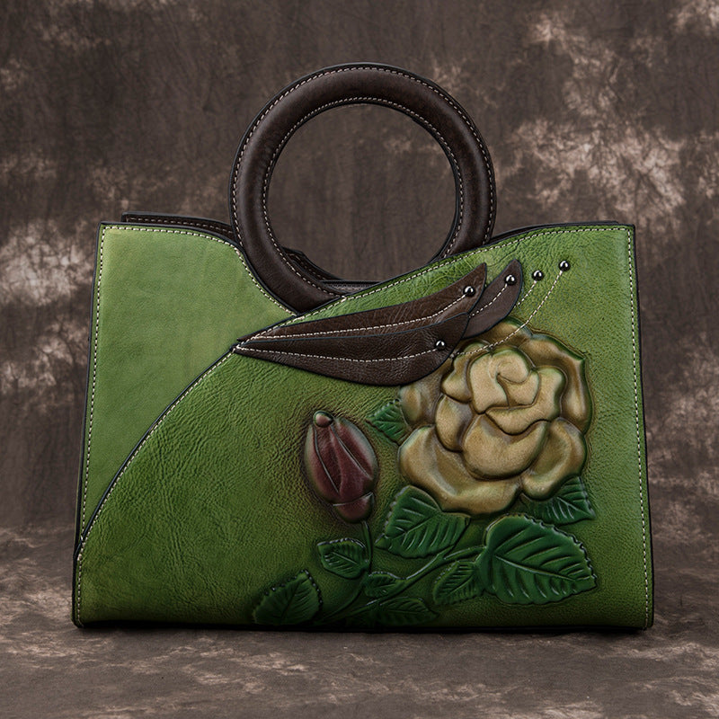 Handmade Women's Leather Handbags with Floral Design and Zipper Closure