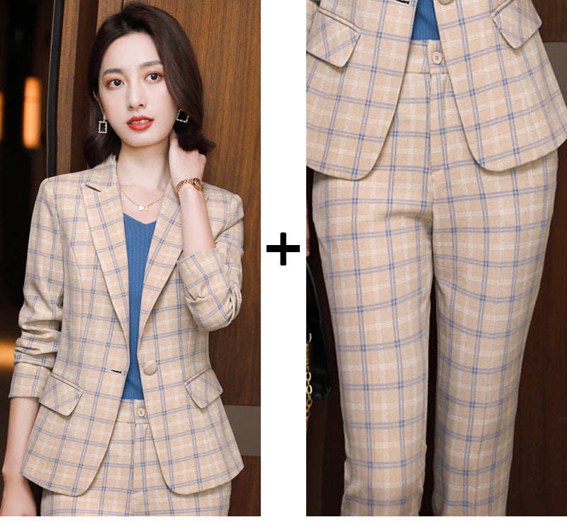 Professional Women's Long-Sleeve Plaid Business Pants Suit