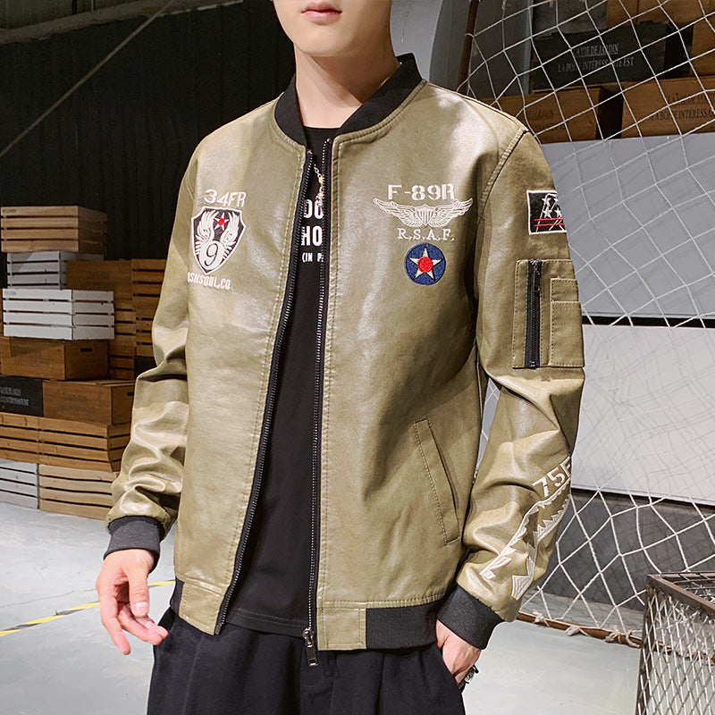 Men's Embroidered PU Leather Motorcycle Jacket with Standing Collar