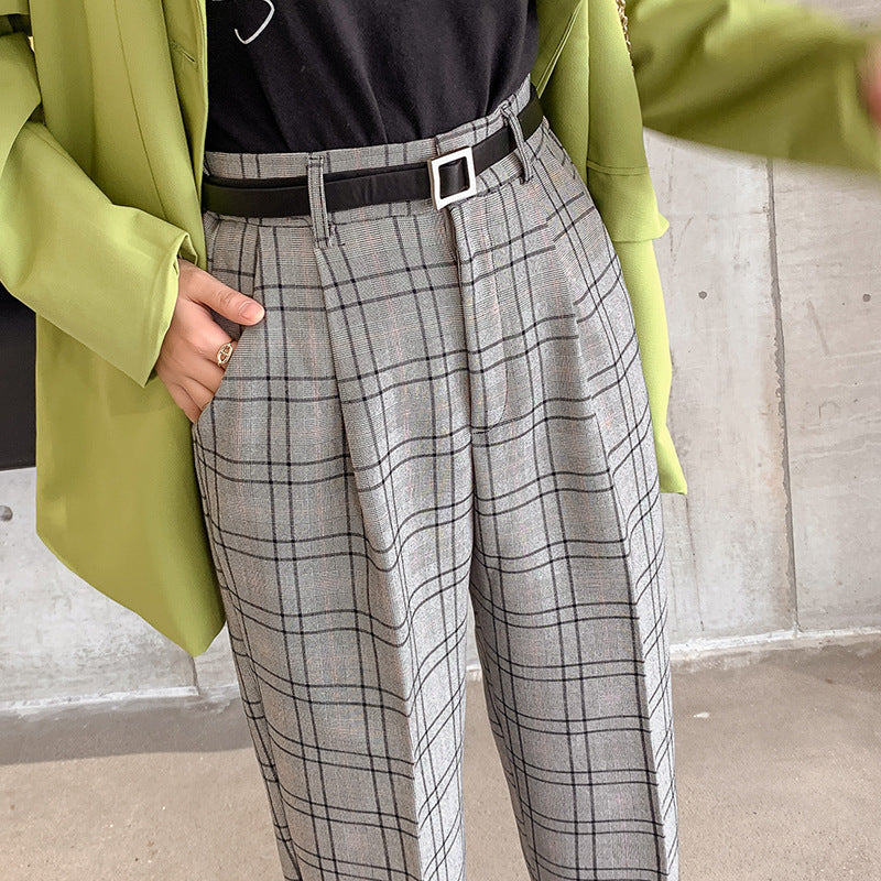 Plaid Loose Fit British Style High Waist Nine-Point Pants for Women