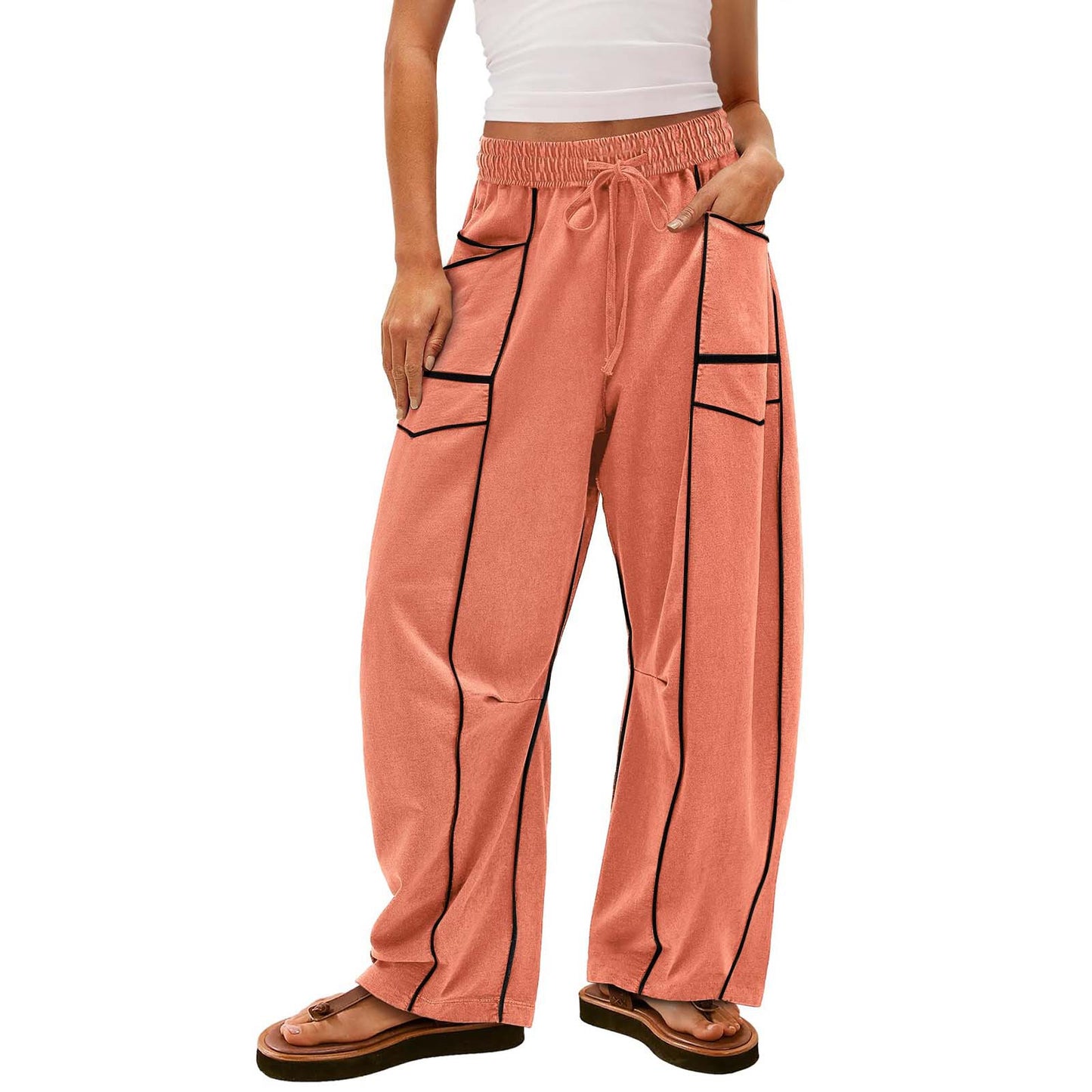 Y2K Black Striped Wide-Leg Cotton Pants with Pockets and Drawstring for Women