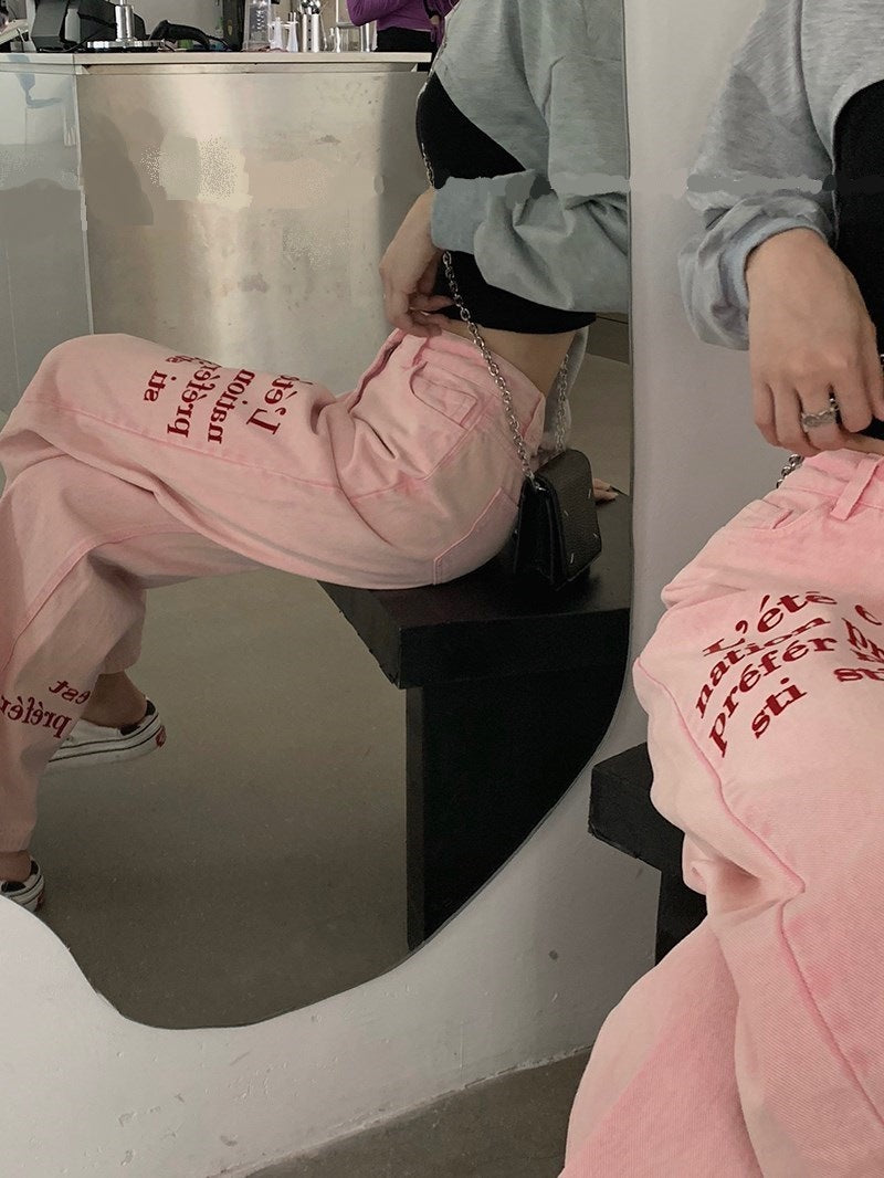 Pink Letter Embroidered High Waist Wide Leg Cotton Trousers