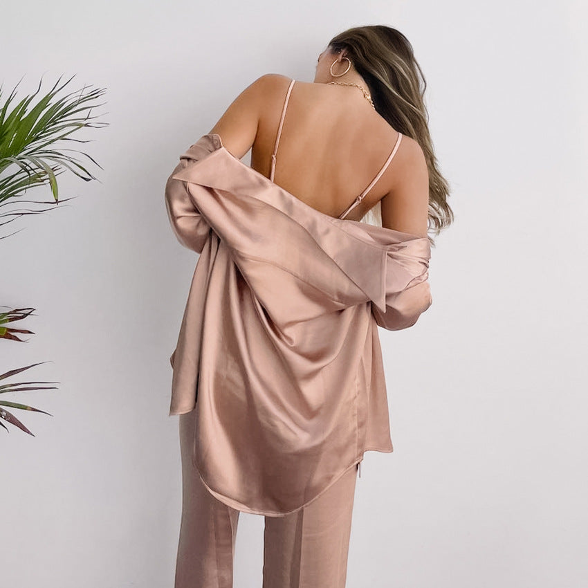 Ensemble tailleur trois pièces européen et américain pour femme - Chemise, haut et pantalon
