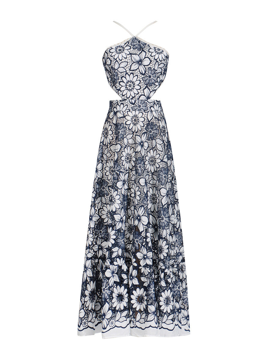 Women's Printed Halter Waist Hollow-out Suspender Skirt