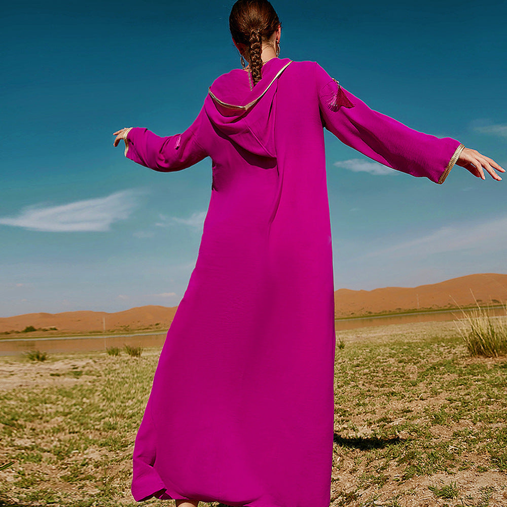 Women's Rose Red Hooded Moroccan Style Dress with V-Neck and A-Line Skirt