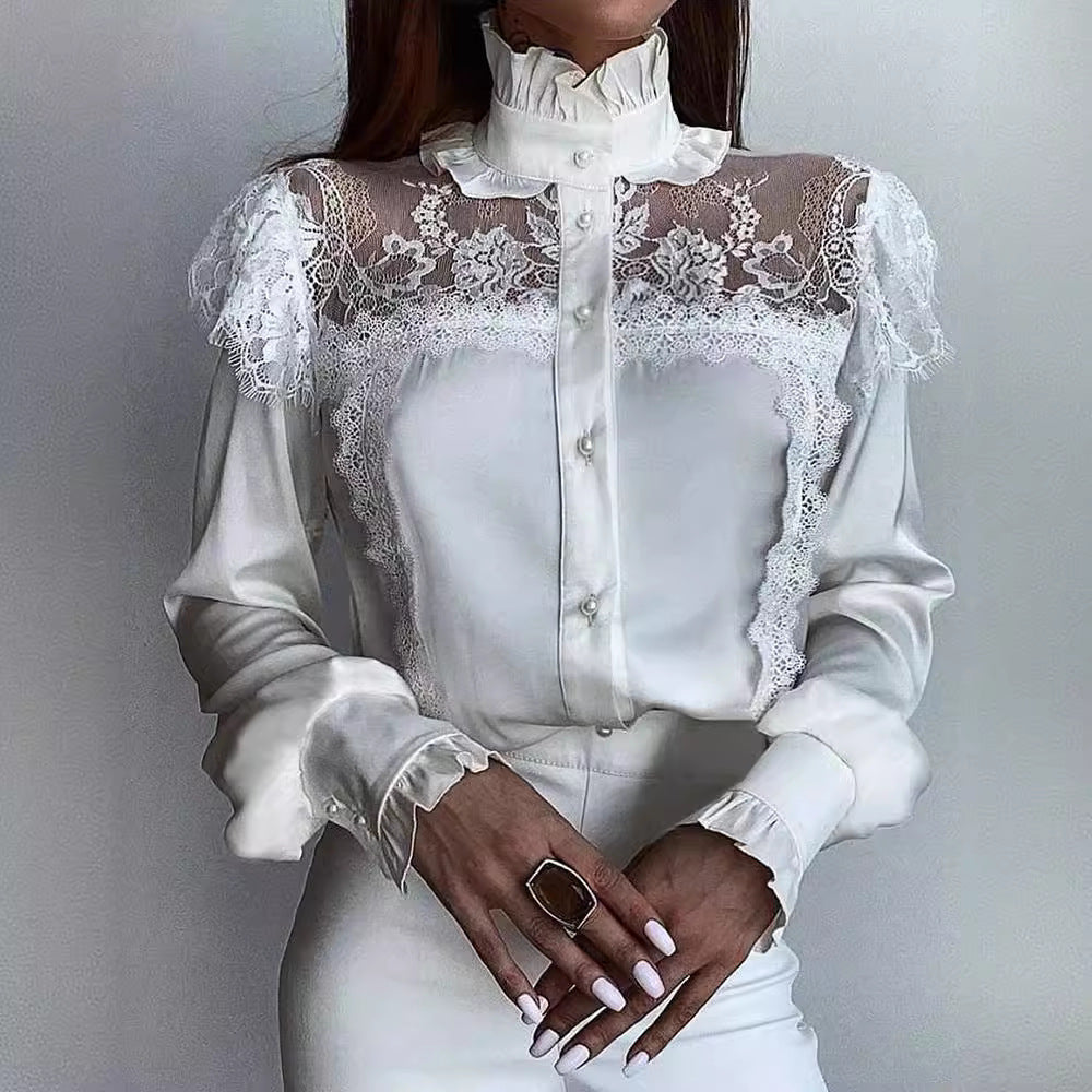 Chemise Femme en Modal à Manches Longues avec Coutures en Dentelle Blanche et Liseré