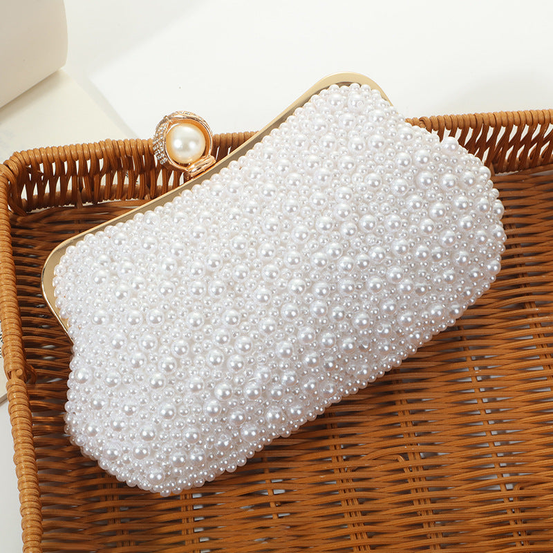 Sac de Soirée Coque Broderie Perle Femme 23x13x3CM Beige & Blanc