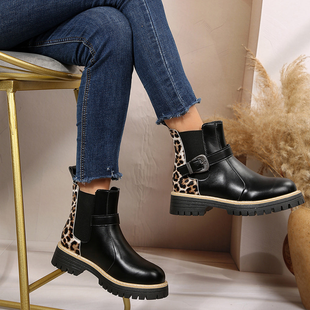 Bottines mi-hautes léopard grande taille à talon mi-haut et boucle métallique