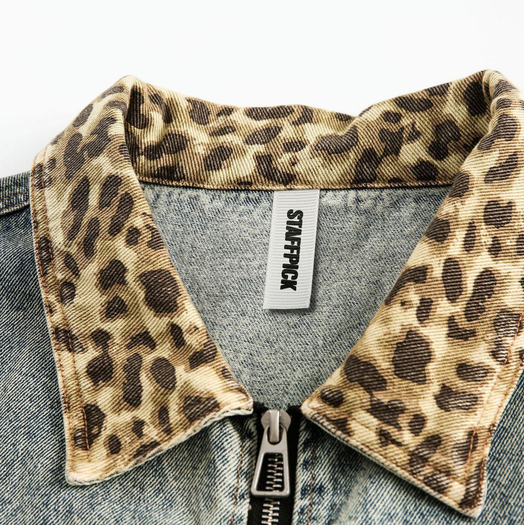 American Retro Washed Denim Jacket with Leopard Print Lapel