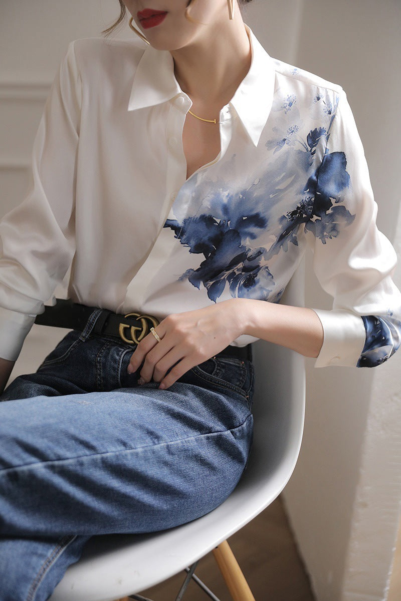 Women's Satin Silk Long Sleeve Shirt with Small Country Style