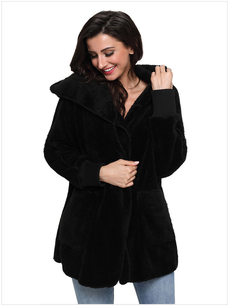 Casual Women's Hooded Solid Color Warm Plush Jacket