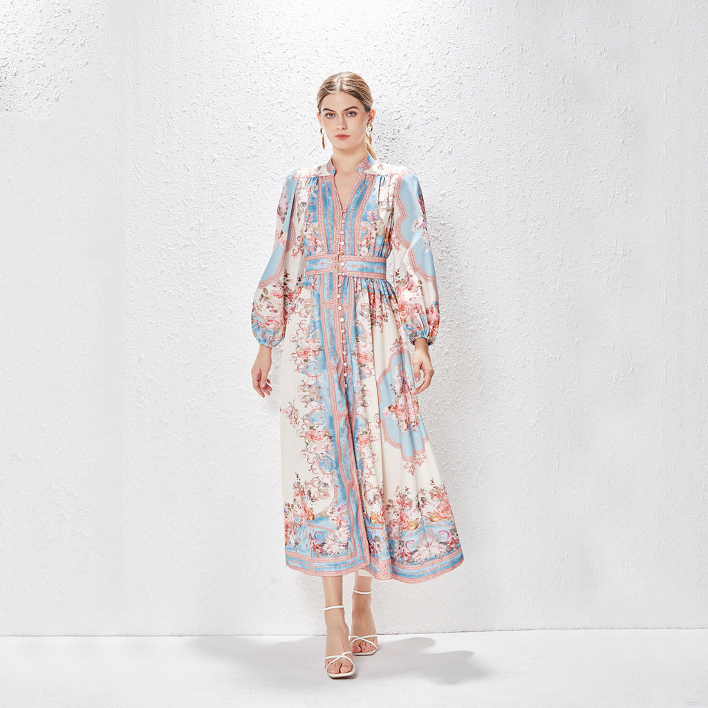 Robe imprimée à manches lanternes simple boutonnage en coton et lin