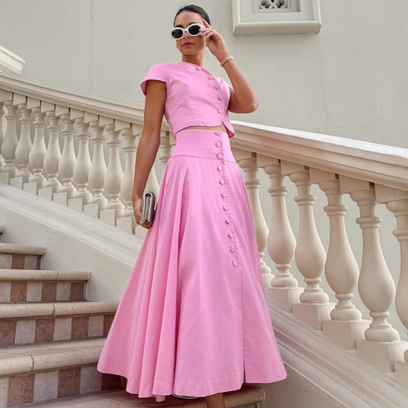 Ensemble tailleur-pantalon rose coton à taille haute et décolleté en V avec jupe longue