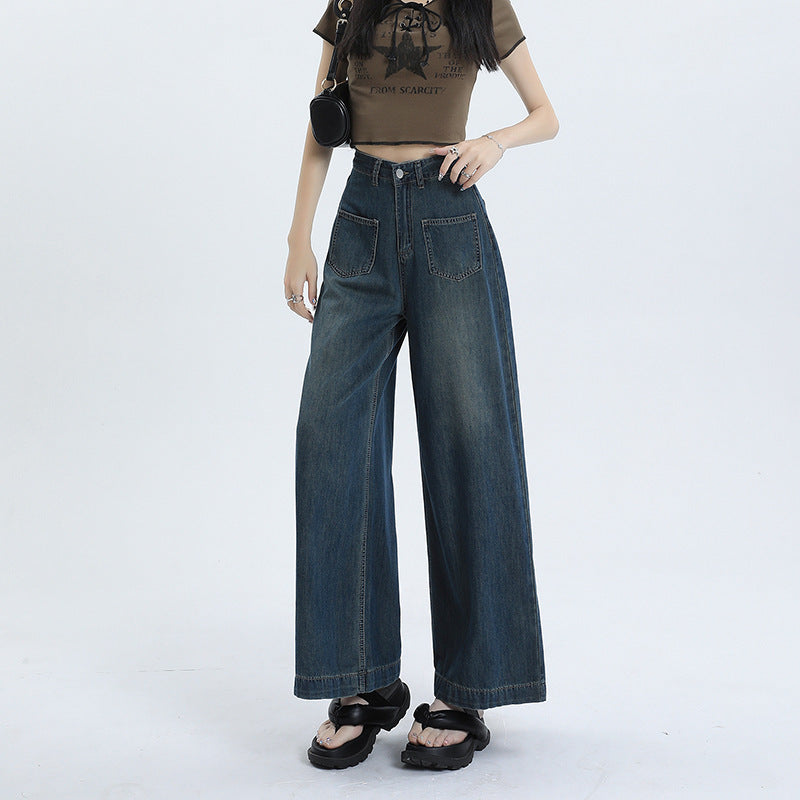 Women's Retro Blue High Waist Loose Straight Denim Pants