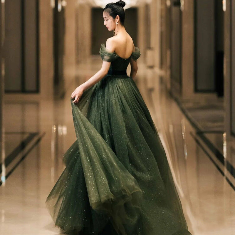 Robe de soirée verte à épaules dénudées sans manches en polyester