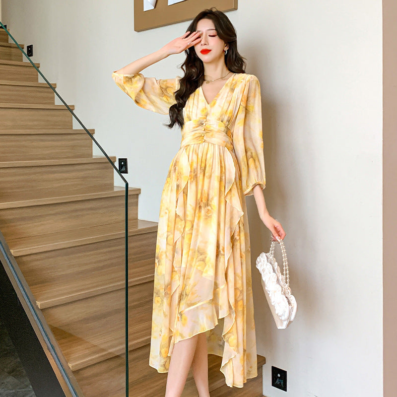 High-End Fashionable Yellow Chiffon A-Line Dress for Women
