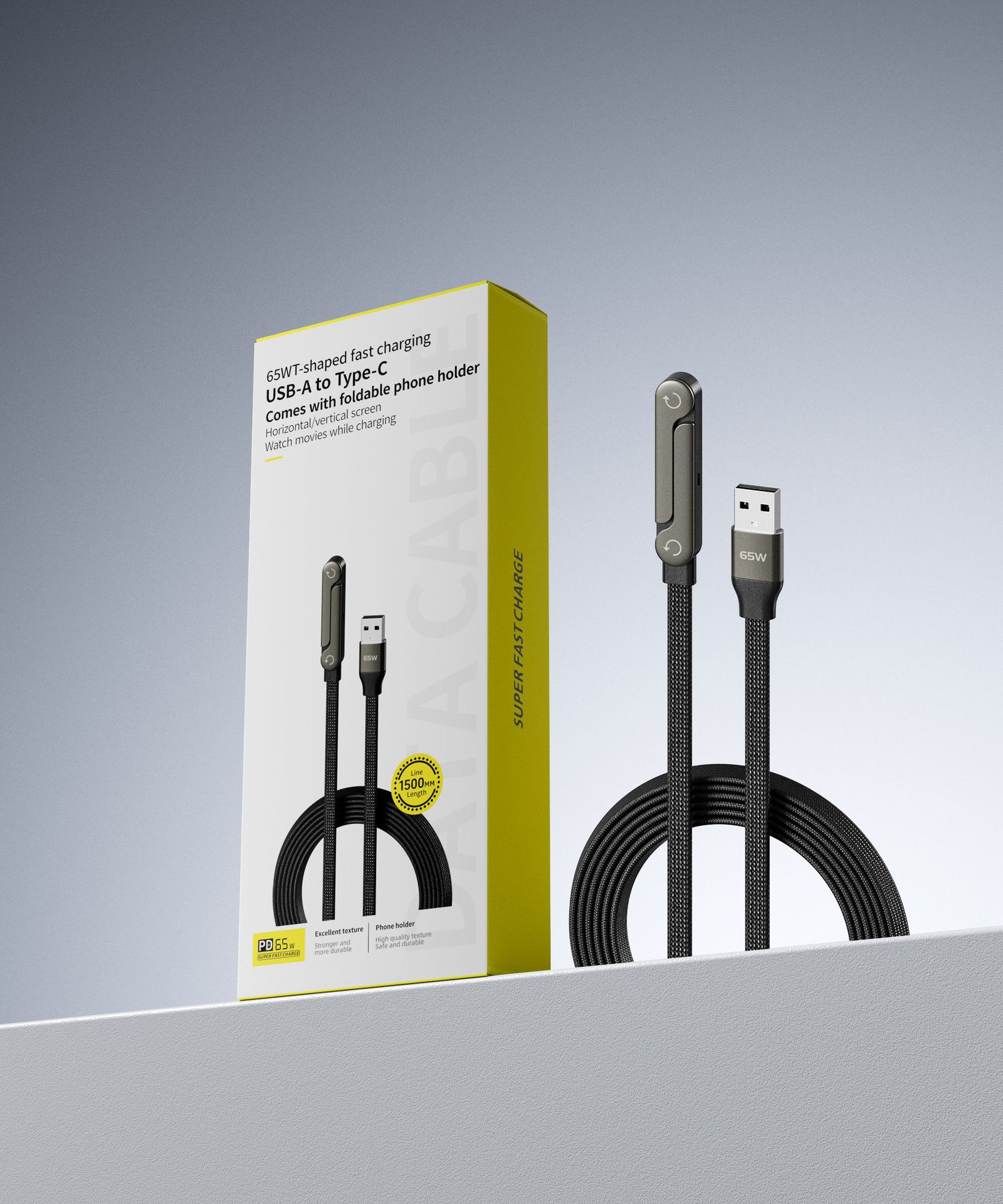 240W Fast Charging Cable with Foldable Phone Stand and 90° Elbow Holder