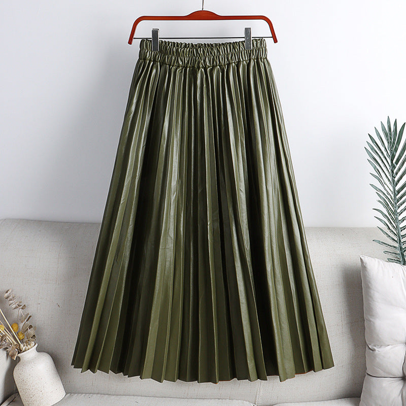 High Waist Mid-Length PU Leather Pleated Skirt for Women Solid Color