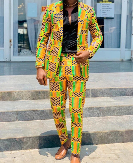 Two-Piece Digital Print Suit with Two Buttons, Regular Fit, Multiple Sizes
