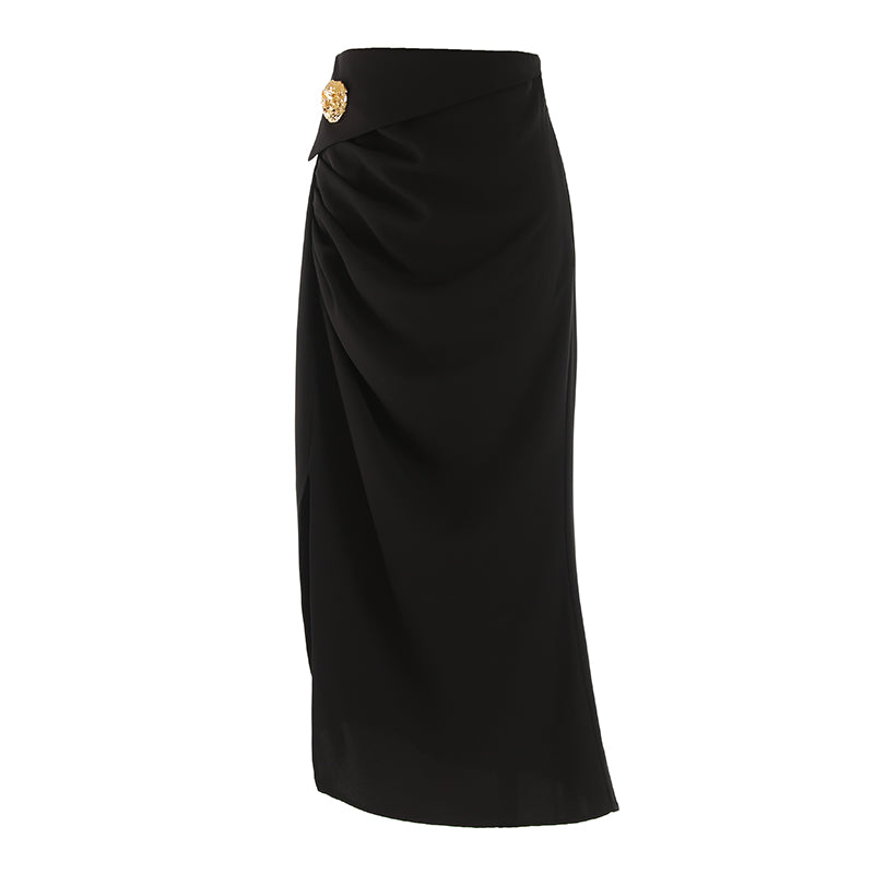 Elegant High Waist Irregular Slit Mid-Length Suit Skirt for Women