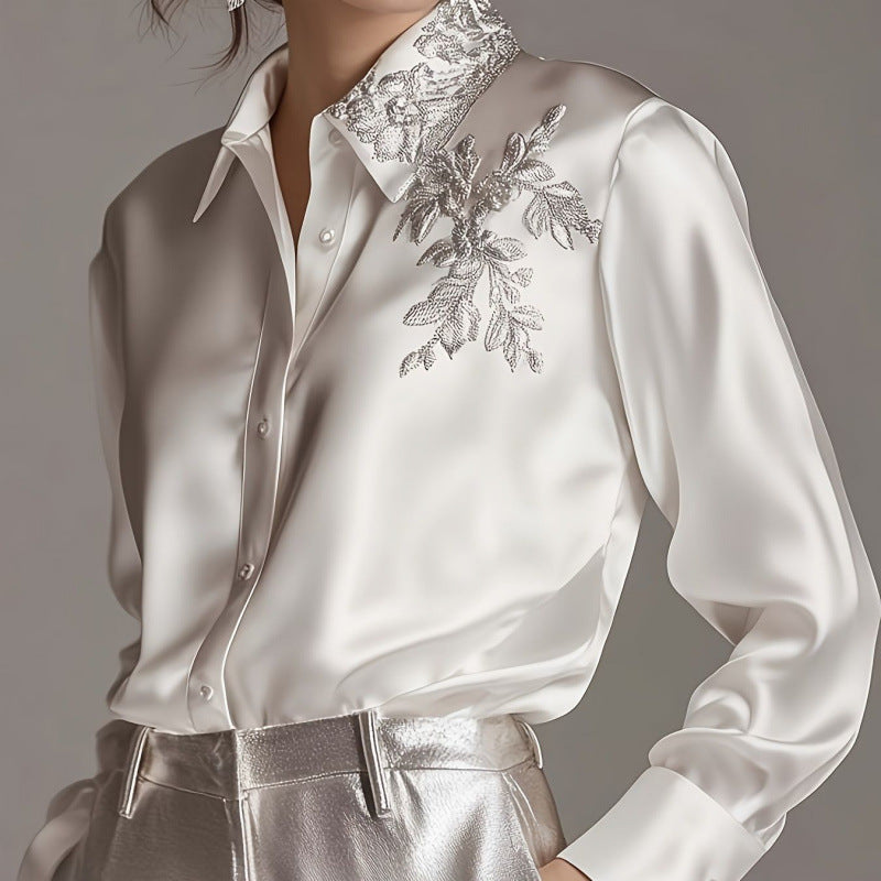 European & American Quality Apricot Embroidery Loose Chiffon Top Shirt