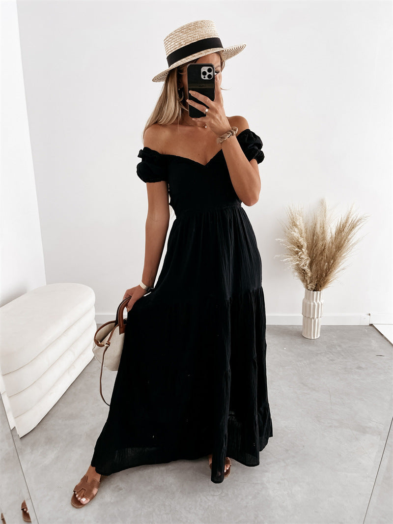 Short Sleeve Solid Color Lace-up High Waist Dress