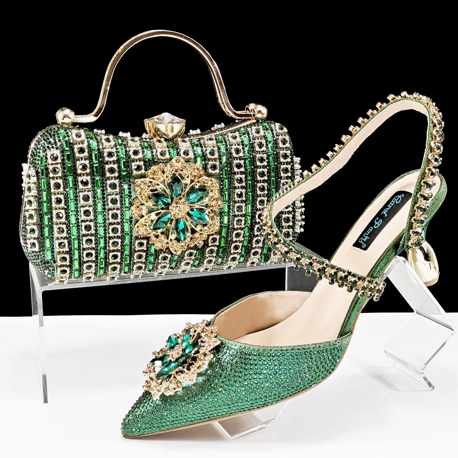 Sexy Women's High Heel Shoes and Bag Set with Rhinestones, Sizes 38-43