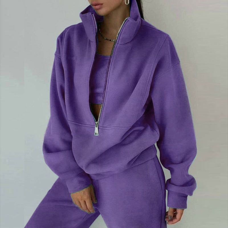 Women's Zipper Fleece Sweater and Pants Set - Casual Sportswear