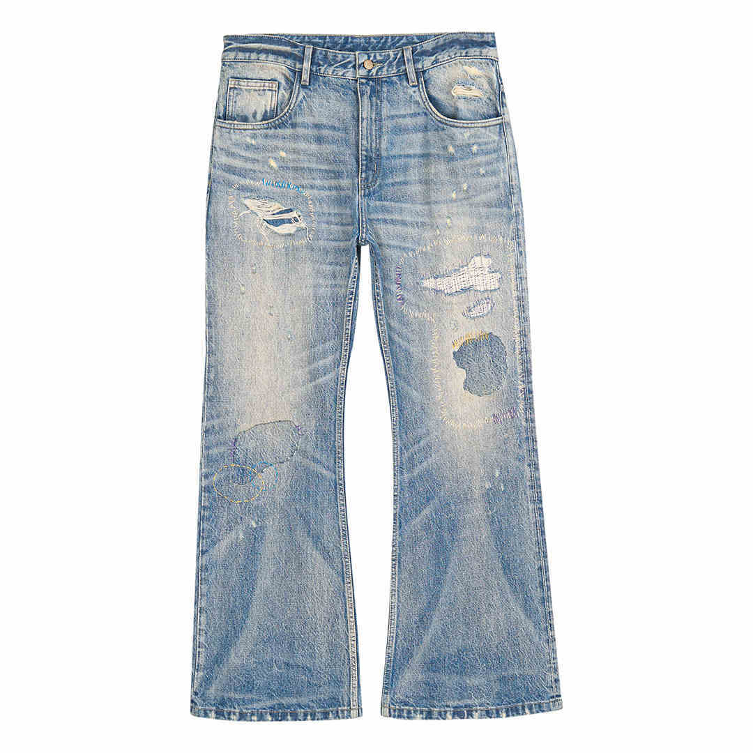 Washed Blue Mid Waist Flared Denim Jeans with Patch & Wire-Track