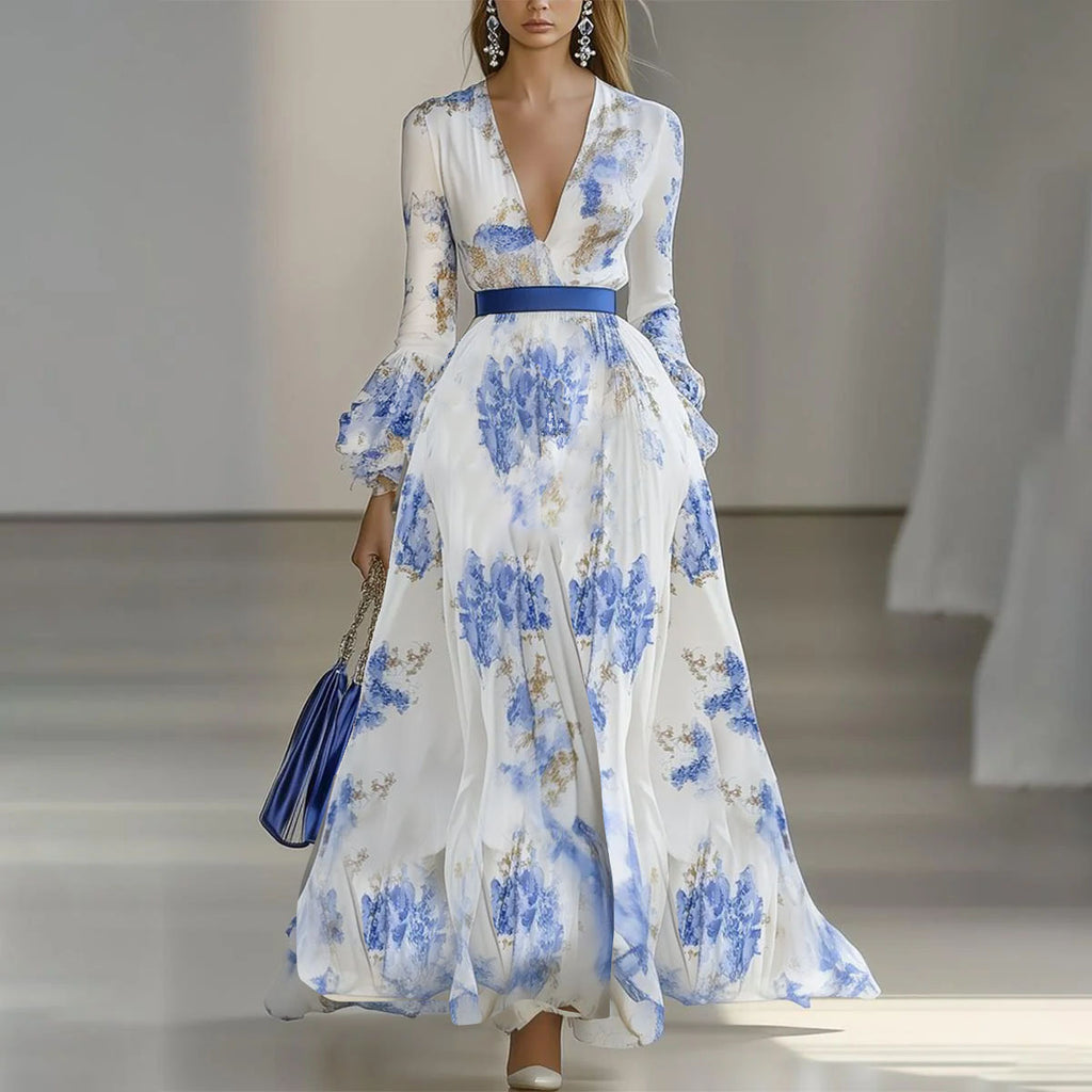 Elegant Printed High Waist Long Sleeve Mid-Length Dress for Women