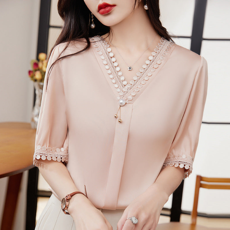 Haut pull en mousseline de soie à col en V avec perles pour femme
