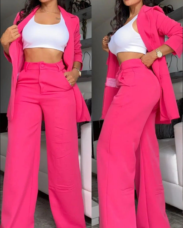 Pure Color Lapel Suit with Split Sleeves and Straight-Leg Pants for Women
