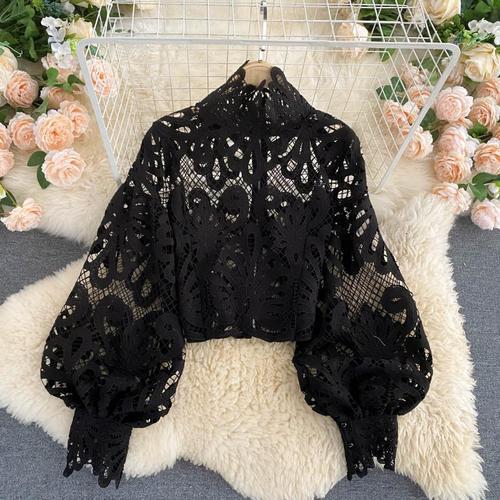 Design Sense Lace Hollow Top Stand-up Collar Puff Sleeve Loose Shirt for Thin Women
