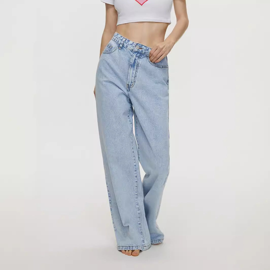 Women's Light Blue High Waist Loose Straight Denim Trousers